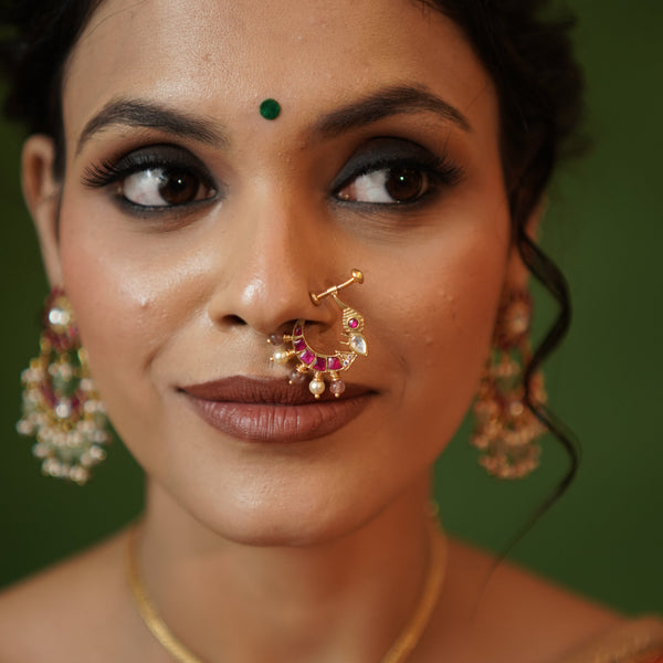 Peacock Blush Kundan Nose Pin.