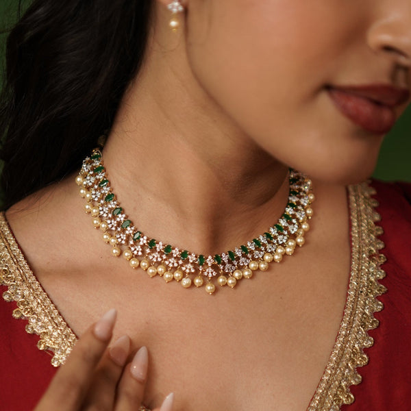 Pearl Drop Emerald CZ Necklace Set.