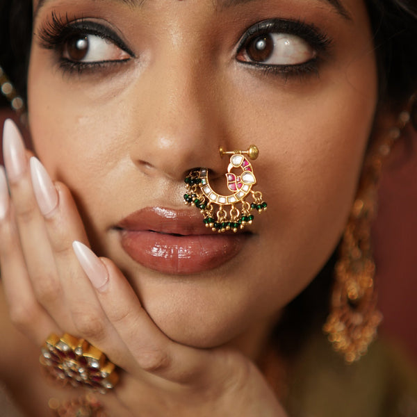Mayurika Pink Kundan Nose Pin.