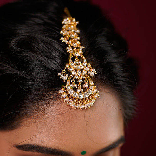 Dazzling Mossanite Polki Chandbali Maang Tikka with Pearl Drops