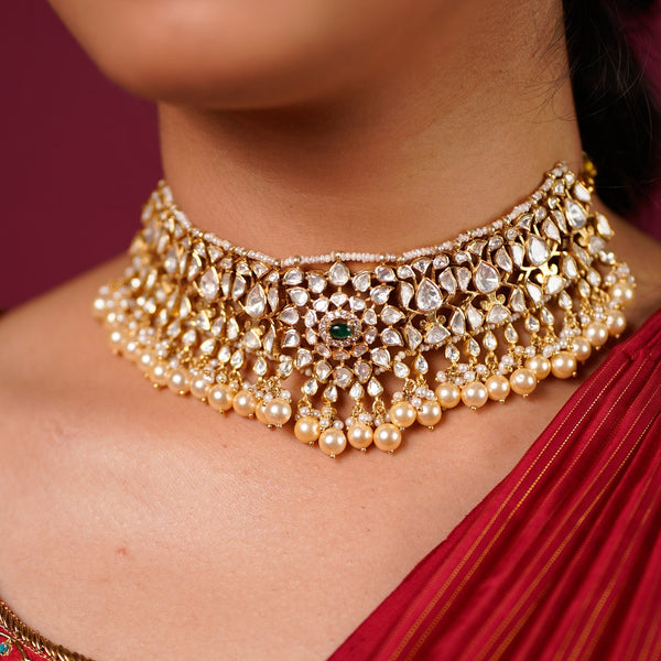 Grand Mossanite Polki Choker with White Pearl Drops
