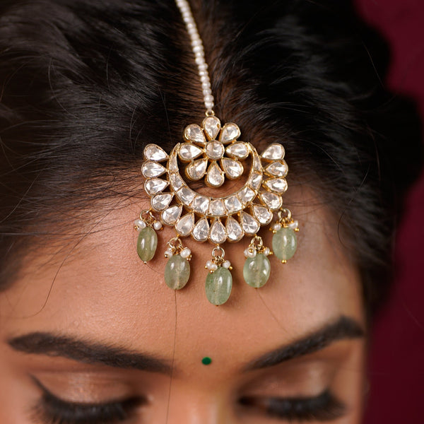 Regal Mossanite Polki Maang Tikka with Natural Emerald Drops