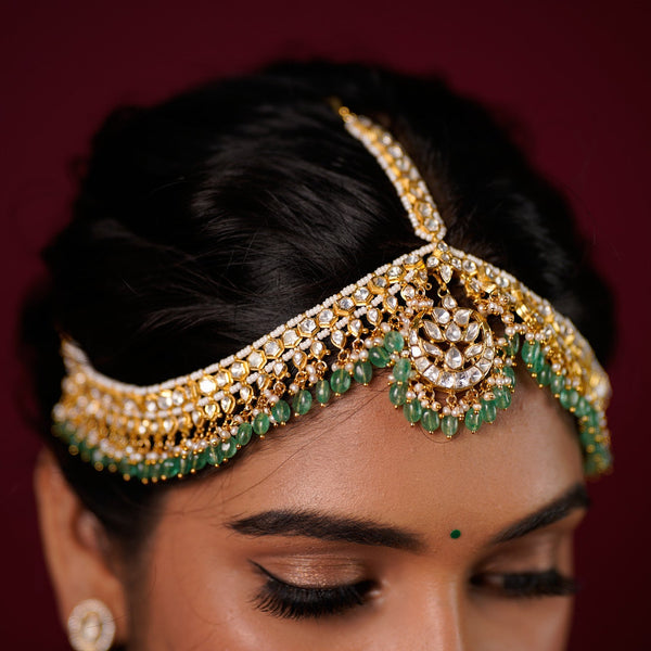 Regal Emerald Drop Moissanite Kundan Maatha Patti