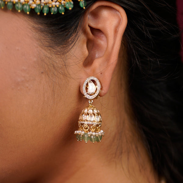 Emerald Bloom Moissanite Kundan Jhumkas