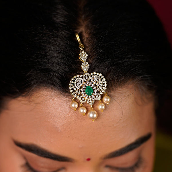 Regal CZ Maang Tikka with Emerald Doublet & Pearl Drops