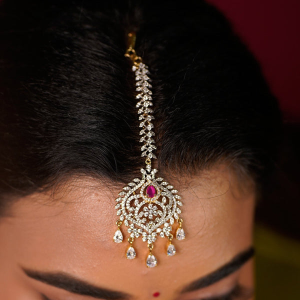 Regal CZ Diamond Look Maang Tikka with Pink Ruby Stone