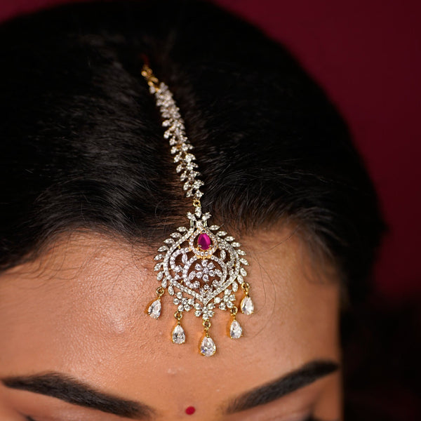 CZ Diamond Look Maang Tikka with Pink Stone Accent