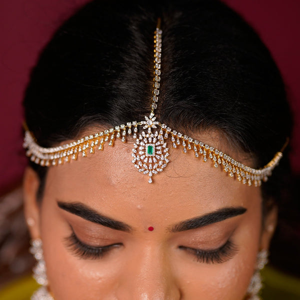 Diamond Look Zircon Maatha Patti with emerald stone.