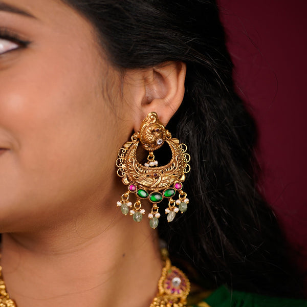 Peacock Nakshi Chandbali with Emerald and Pearl Drops