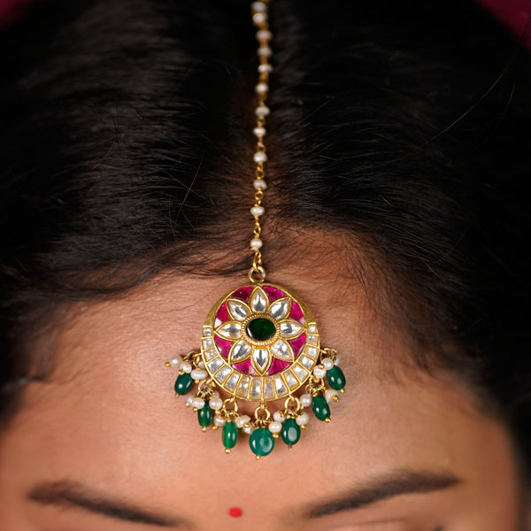 Regal Kundan Maang Tikka with  White Emerald and Pearl Drops