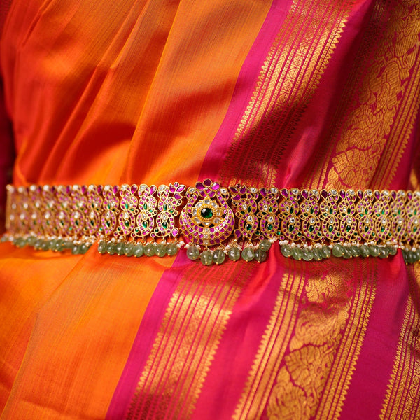 Exquisite Kundan Vaddanam (Waist Belt) with Green Emerald Drops