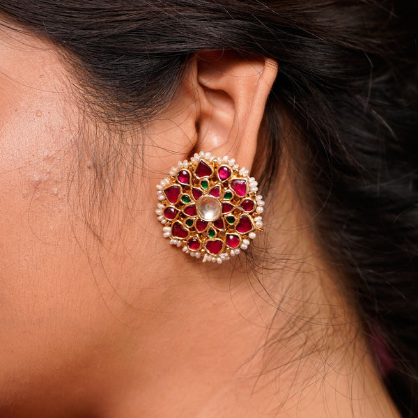 The "Ruby Bloom" Kundan Pearl Round Studs