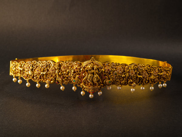 Intricately Carved Radha Krishna Nakshi Vaddanam with back belt