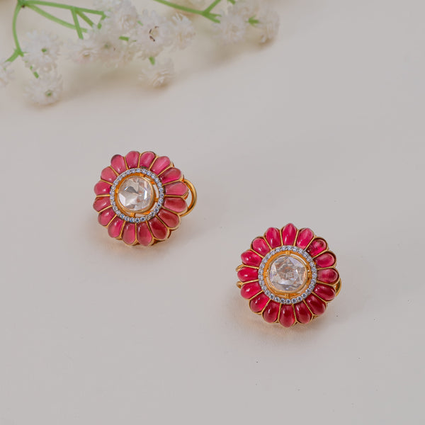 Earrings with Ruby petals and zircon halo