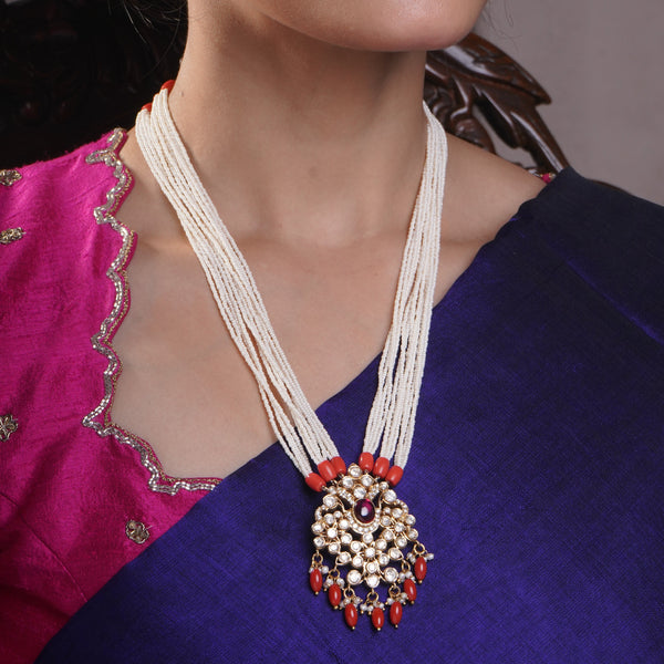 Mossoniate Coral-Pearl Long Necklace Set