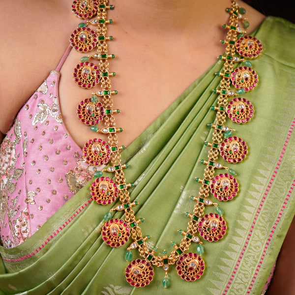 The Grand Heritage Bottu Maala: Ruby & Emerald Long Necklace with Studs