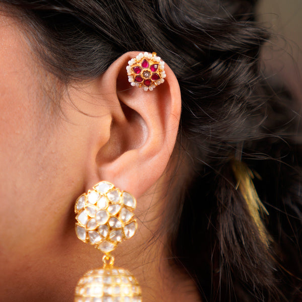 Traditional Gold Bugudis with Ruby & Pearl Accent