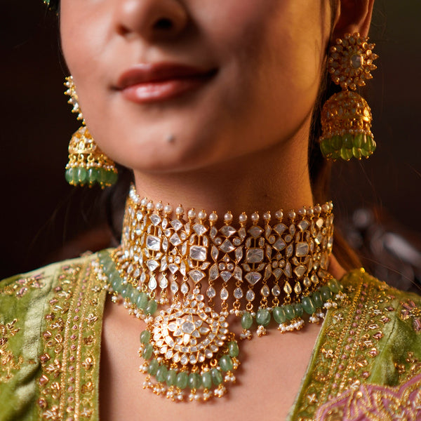 Grand Polki Choker & Pendant Set with Emerald Drops
